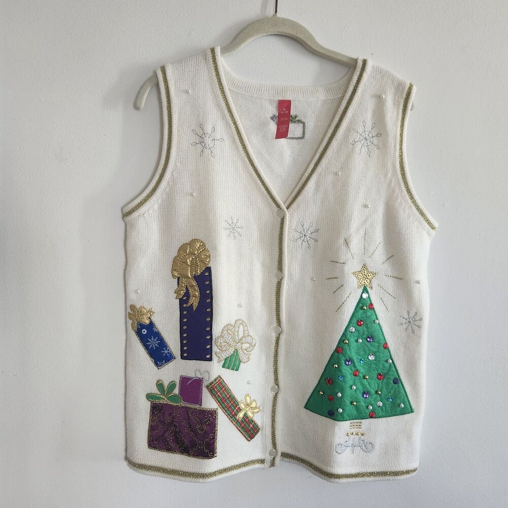 Christmas Tree Snowflakes Holiday Knit White Metallic Knit Sweater Vest M